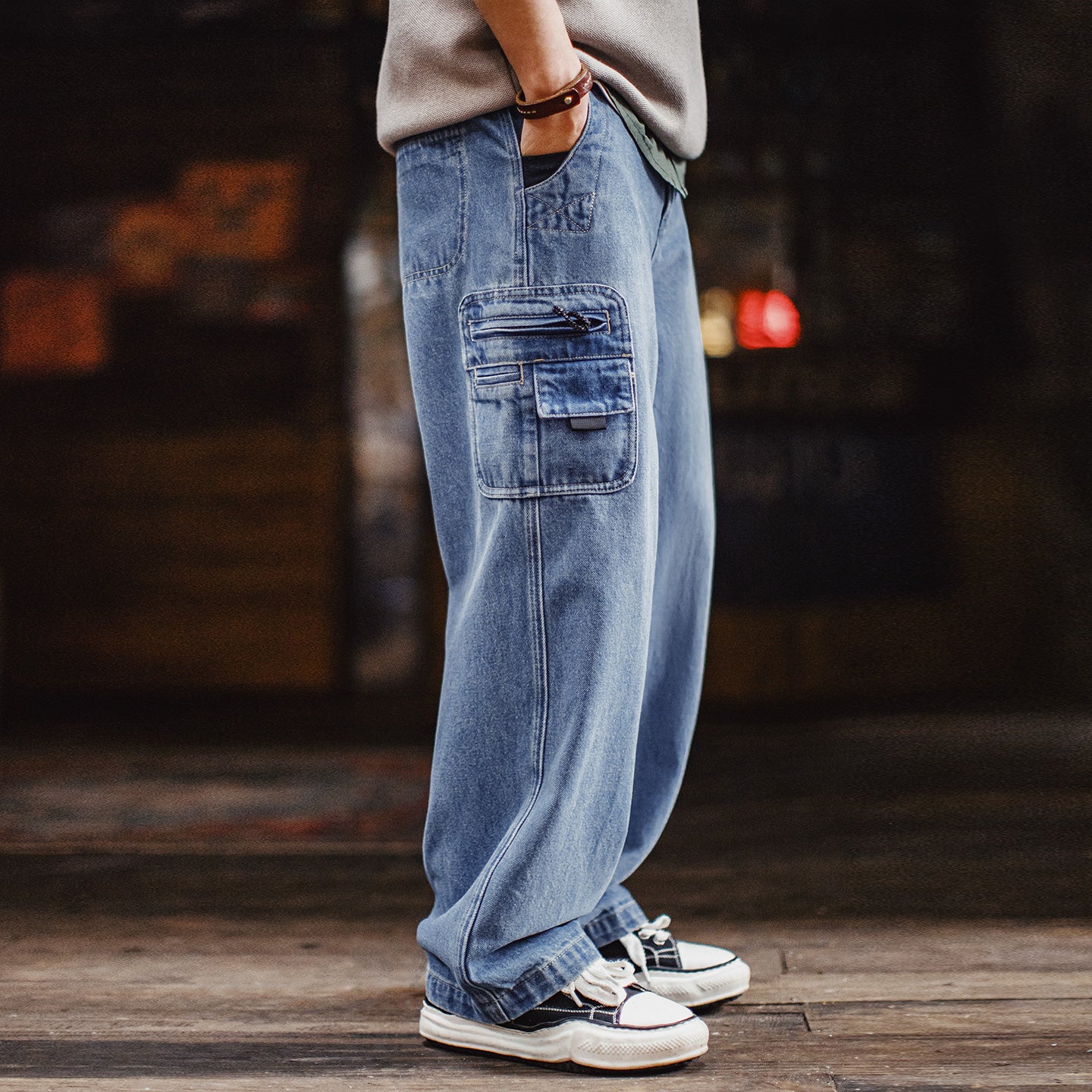 마덴 세탁된 데님 다용도 주머니 일자 청바지