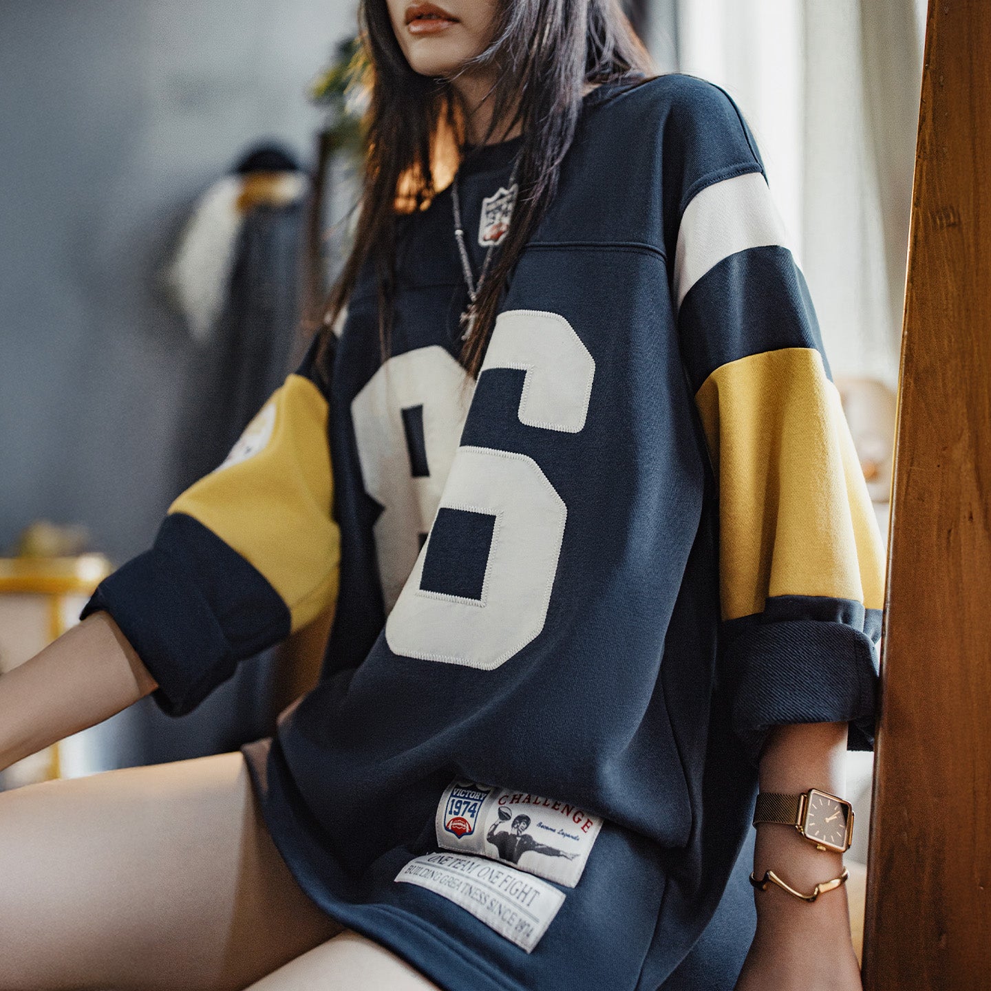 MADEN Damen-Rugby-Sweatshirt mit Stickerei 