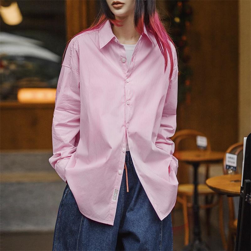 MADEN Light Spring Pink and White Striped Shirt Lazy Holiday Style Jacket Slightly Elastic Hollow Oversize Top Spring Women