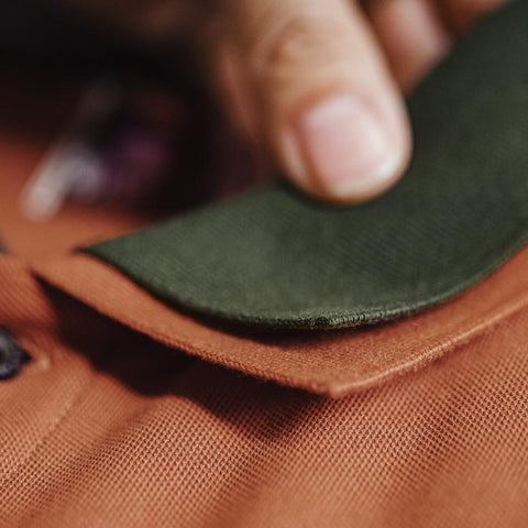 Polo homme MADEN style rétro navajo orange en maille à manches longues, broderie, tenue décontractée printemps-automne, col double épaisseur, extérieur 