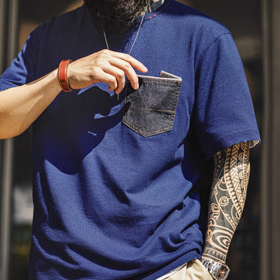 Camiseta MADEN índigo botánico - Algodón 100% japonés pesado con doble costura, bolsillo, manga corta para hombre verano