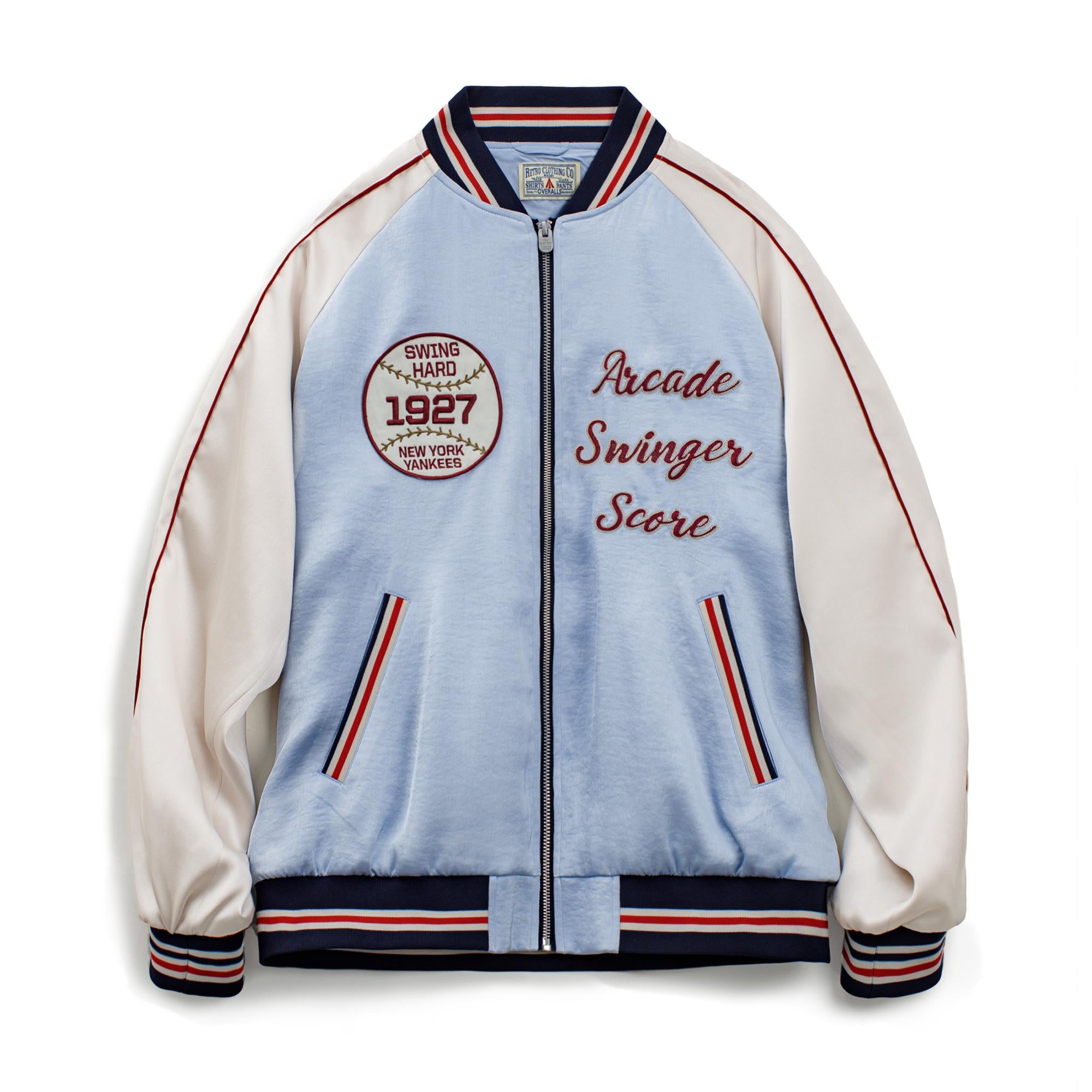 MADEN Blaue Satin Bestickte Sukajan Baseballjacke