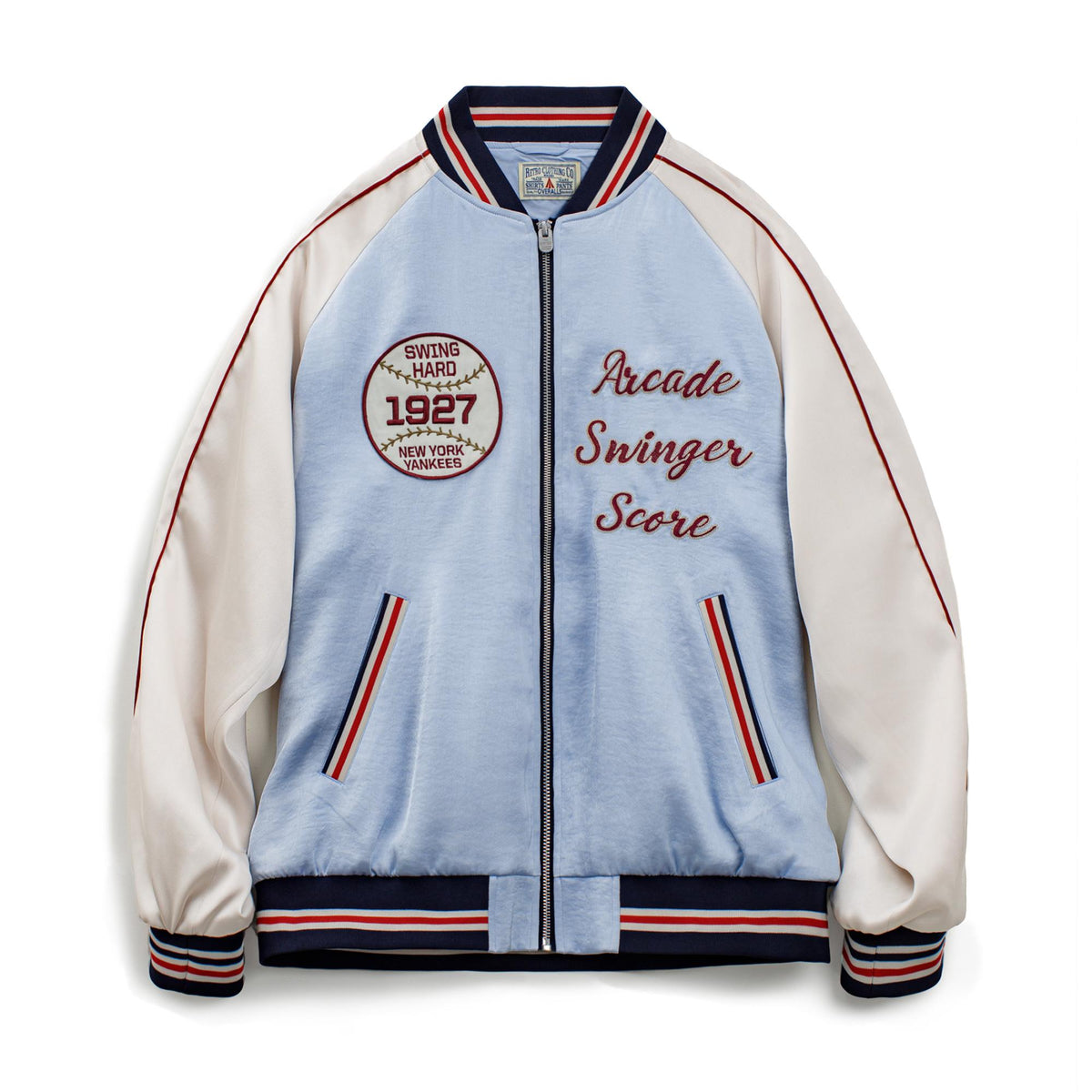 MADEN Blaue Satin Bestickte Sukajan Baseballjacke