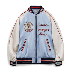 MADEN Blaue Satin Bestickte Sukajan Baseballjacke
