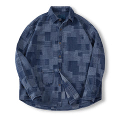 MADEN Herren Boro Denim Hemd mit Jacquard Patchwork