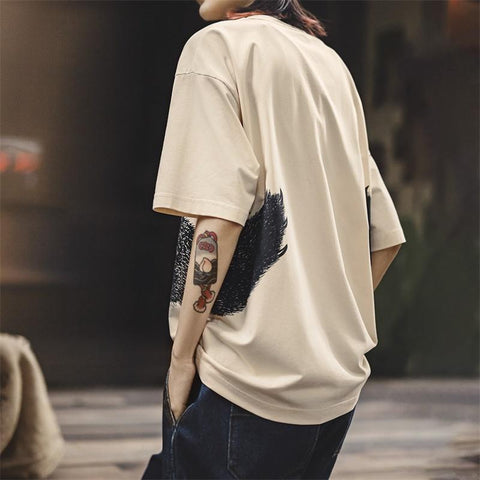 MADEN Oversized Lazy Bear Illustration Tee - Japanisches minimalistisches T-Shirt mit überschnittenen Schultern, schmale Passform, Kurzarm, Damen Sommer 