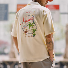 MADEN Retro Hawaiianisches Hemd mit Stickerei und kubanischem Kragen