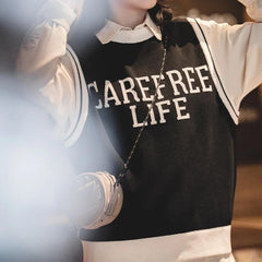MADEN Unisex College Style Lässige Strickweste Ärmellos Schwarz Rundhals Stretch-Pullover Weste für Frühling und Herbst 