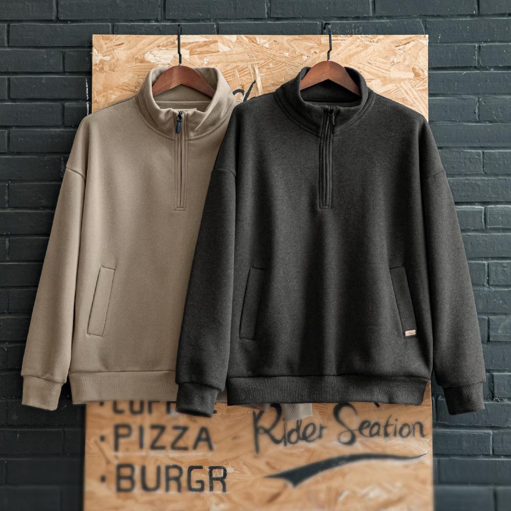 MADEN Herren Halb-Reißverschluss Stehkragen schwerer Fleece Pullover