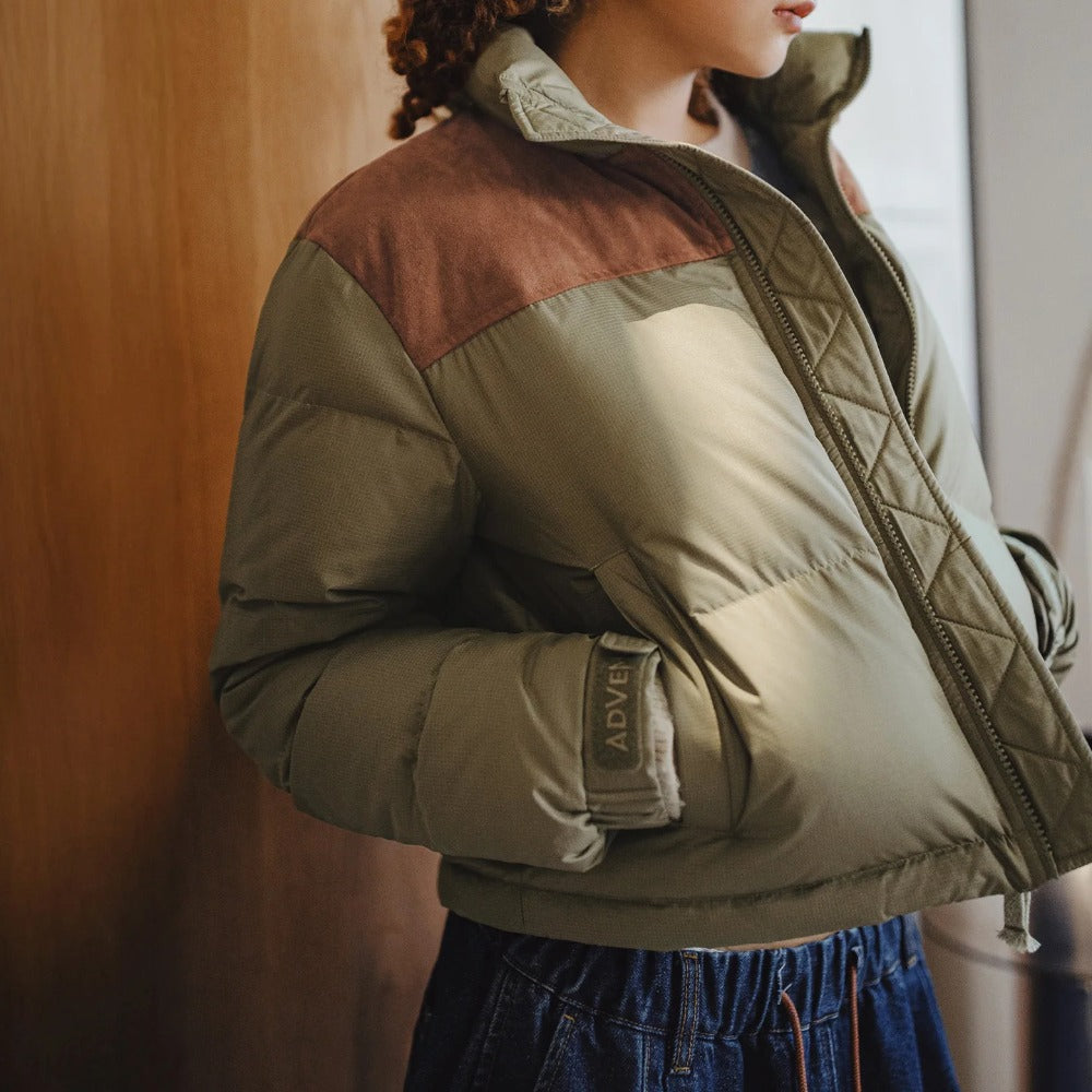 Chaqueta corta de plumón para mujer MADEN 90% plumón de pato cálida gruesa corta acolchada parche de ante retro cuello alto ropa de abrigo de invierno