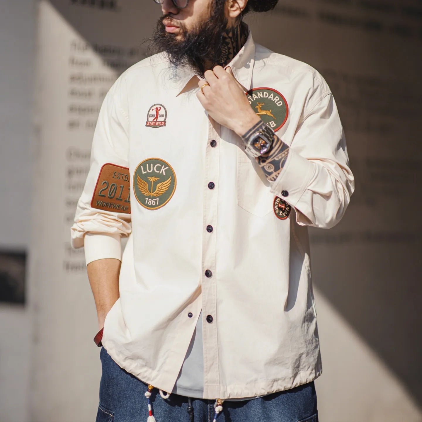 MADEN Men's Embroidered Badge Shirt