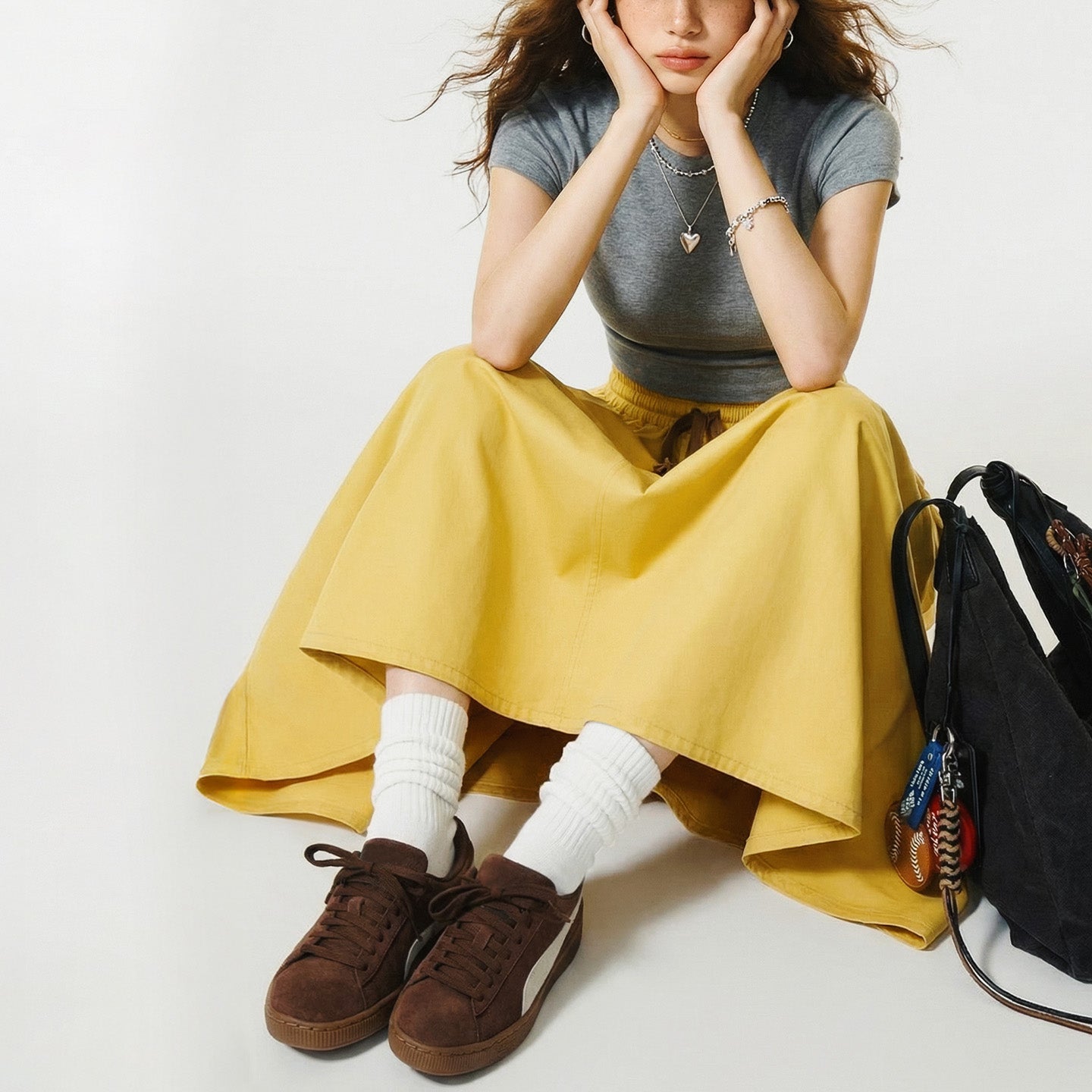 MADEN Yellow A-Line Maxi Skirt Drawstring