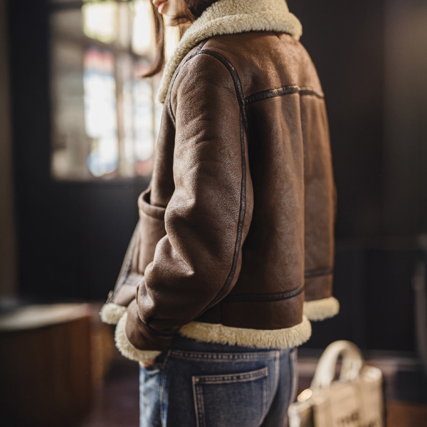MADEN Women's Suede Shearling-Lined Bomber Jacket