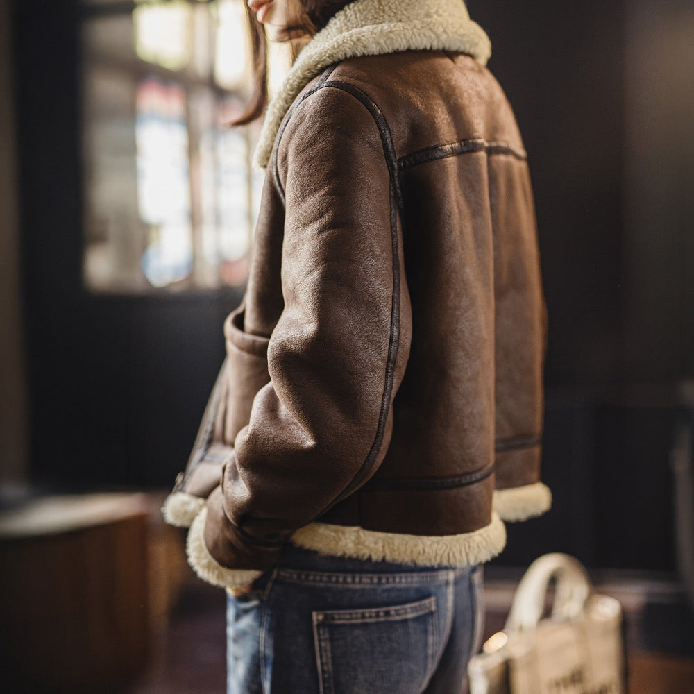 MADEN Women's Suede Shearling-Lined Bomber Jacket