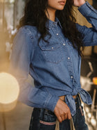MADEN Women's Vintage Washed Denim Western Shirt thumbnail