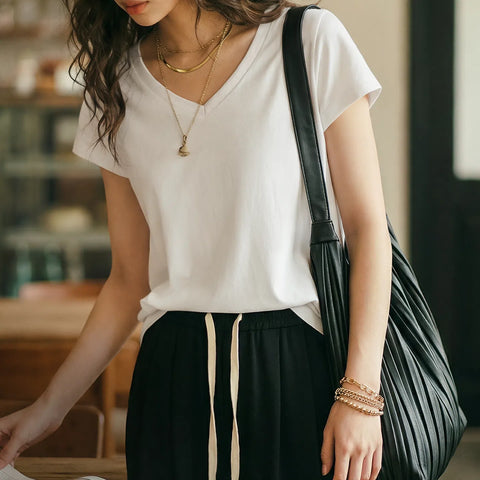 MADEN Women's V-Neck Slim Fit Knit Tee