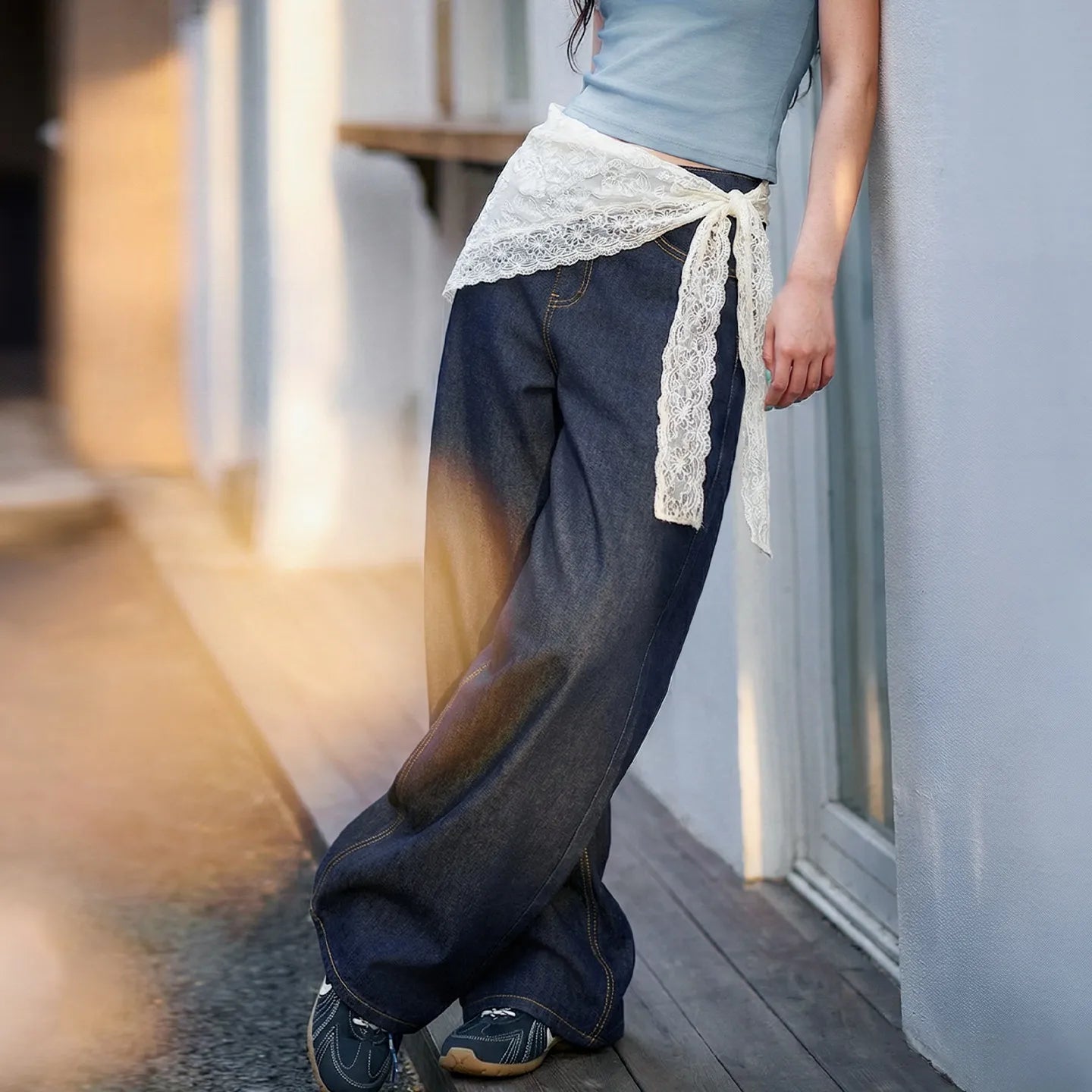 MADEN Women's Vintage Denim Wide Pants