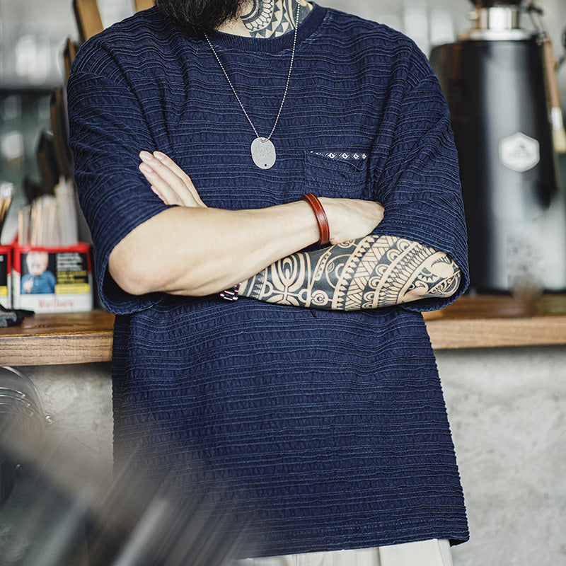 MADEN Men's Wave Pattern Jacquard Knitted T-Shirt