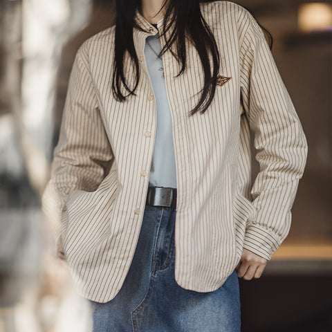 MADEN Gestreiftes Langarmhemd mit Stehkragen – 100 % Baumwolle 