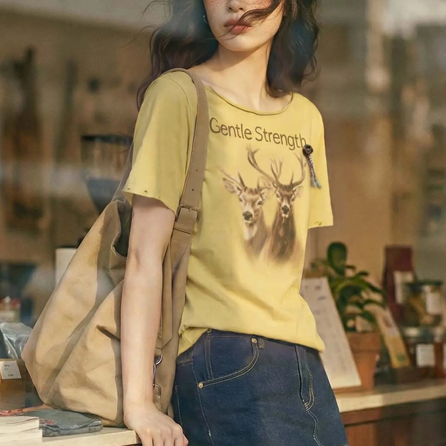 MADEN Women's Vintage Cotton One-Shoulder Print T-Shirt