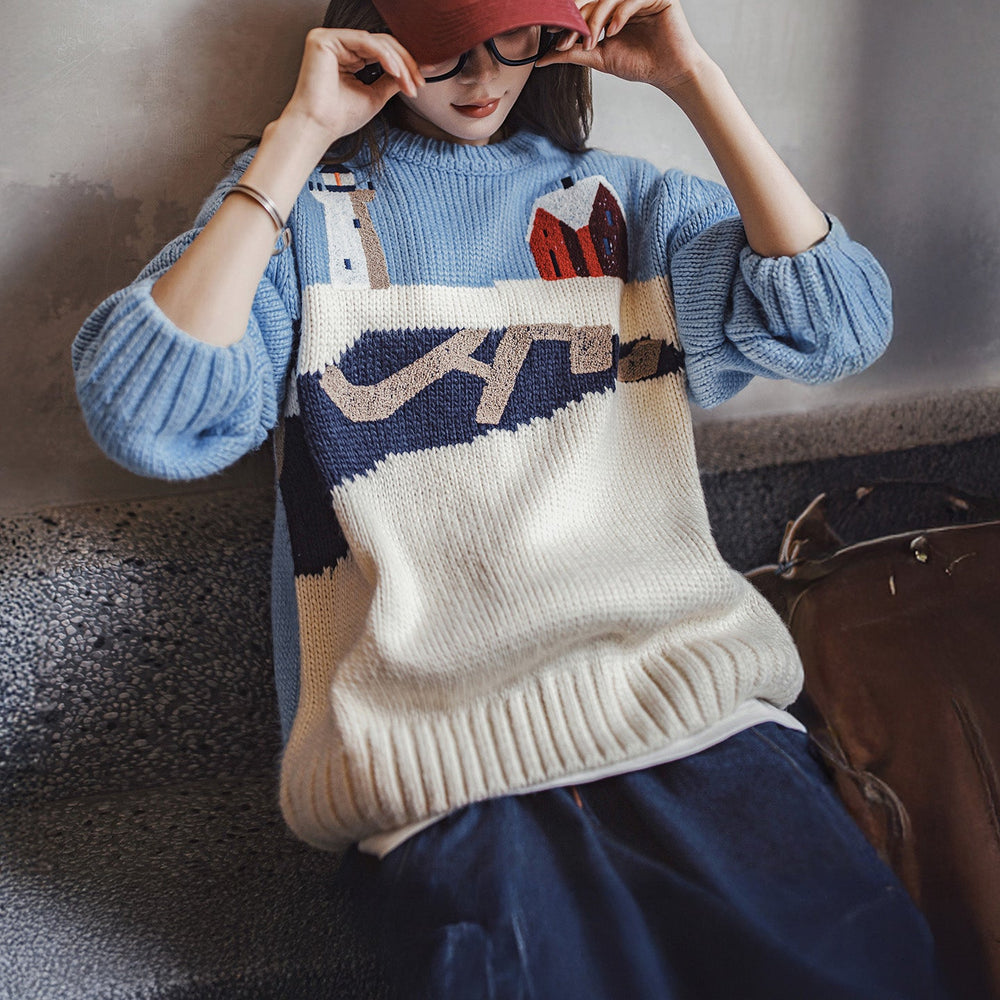 MADEN Soft Jacquard Knit Crewneck Sweater