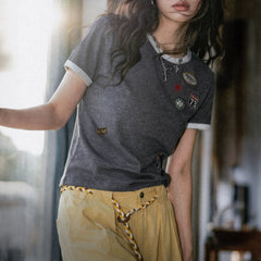 MADEN Women's Patchwork Short-Sleeve T-Shirt