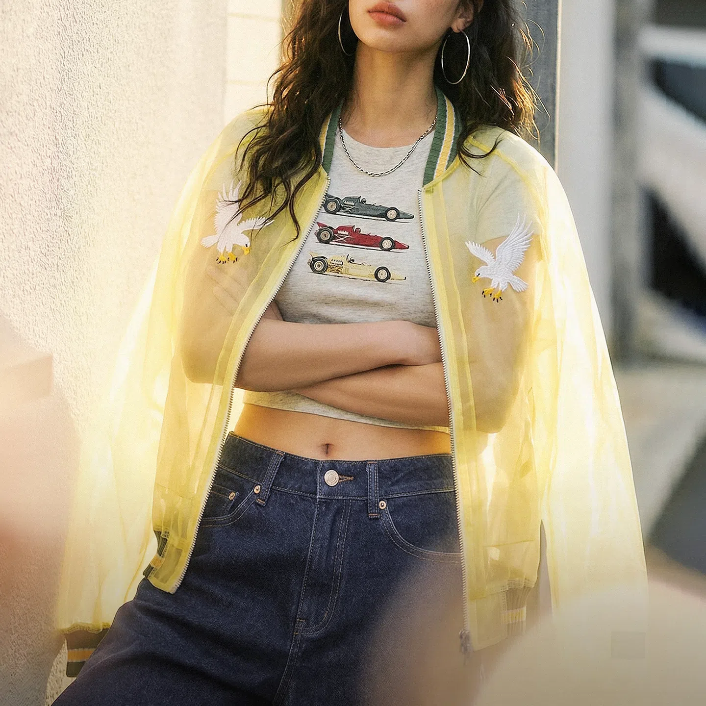Chaqueta Sukajan de organza bordada transparente MADEN