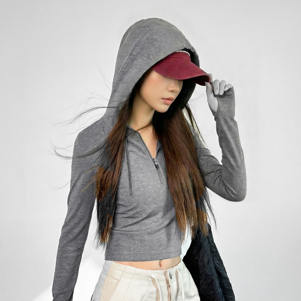 MADEN Grey V-Neck Half-Zip Hooded Sweatshirt