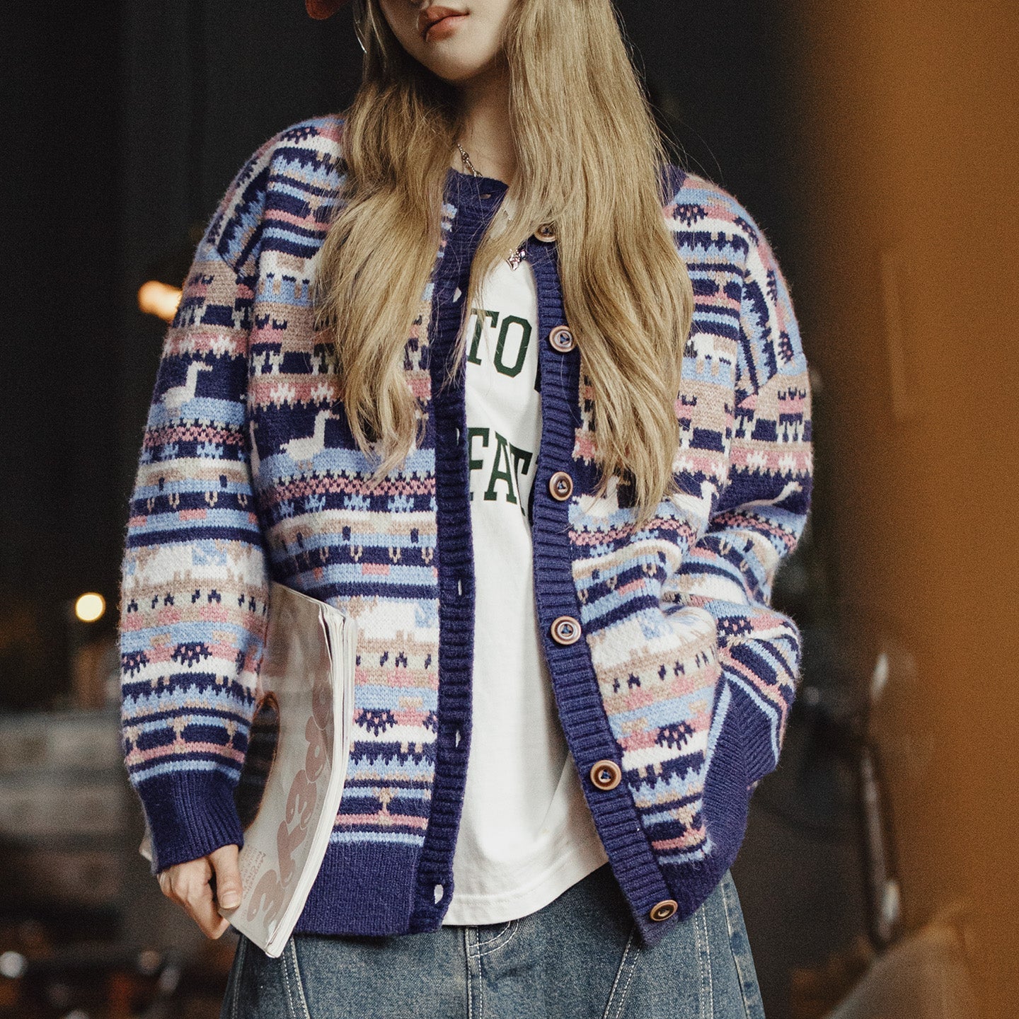 MADEN Fair Isle Jacquard Loose-Fit Knit Cardigan
