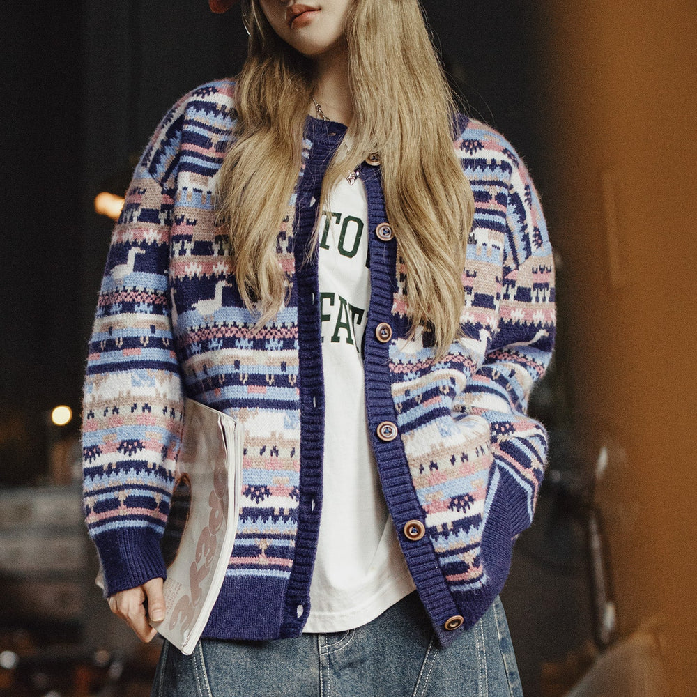 MADEN Fair Isle Jacquard Loose-Fit Knit Cardigan
