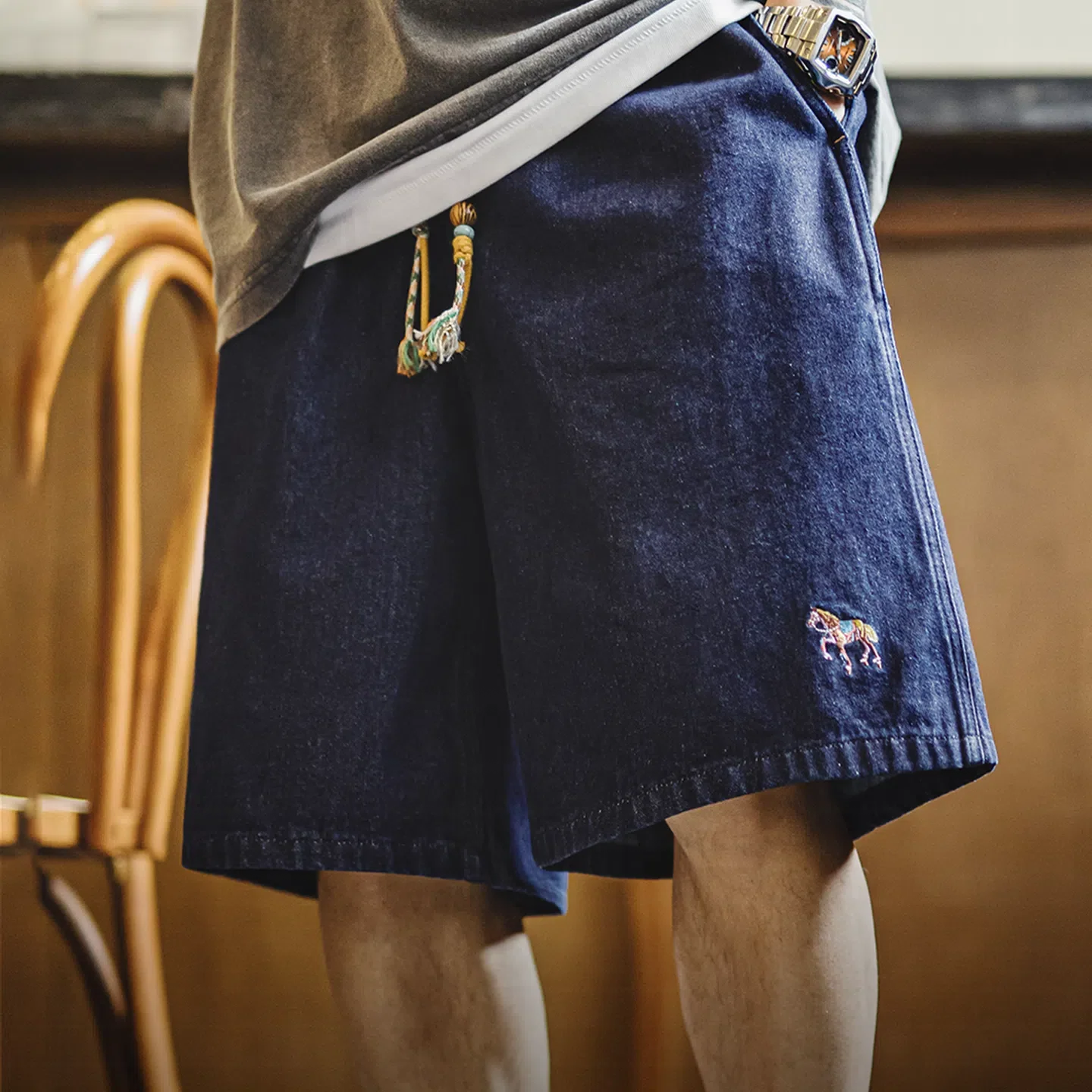 MADEN Washed Denim Embroidered Straight-Leg Shorts
