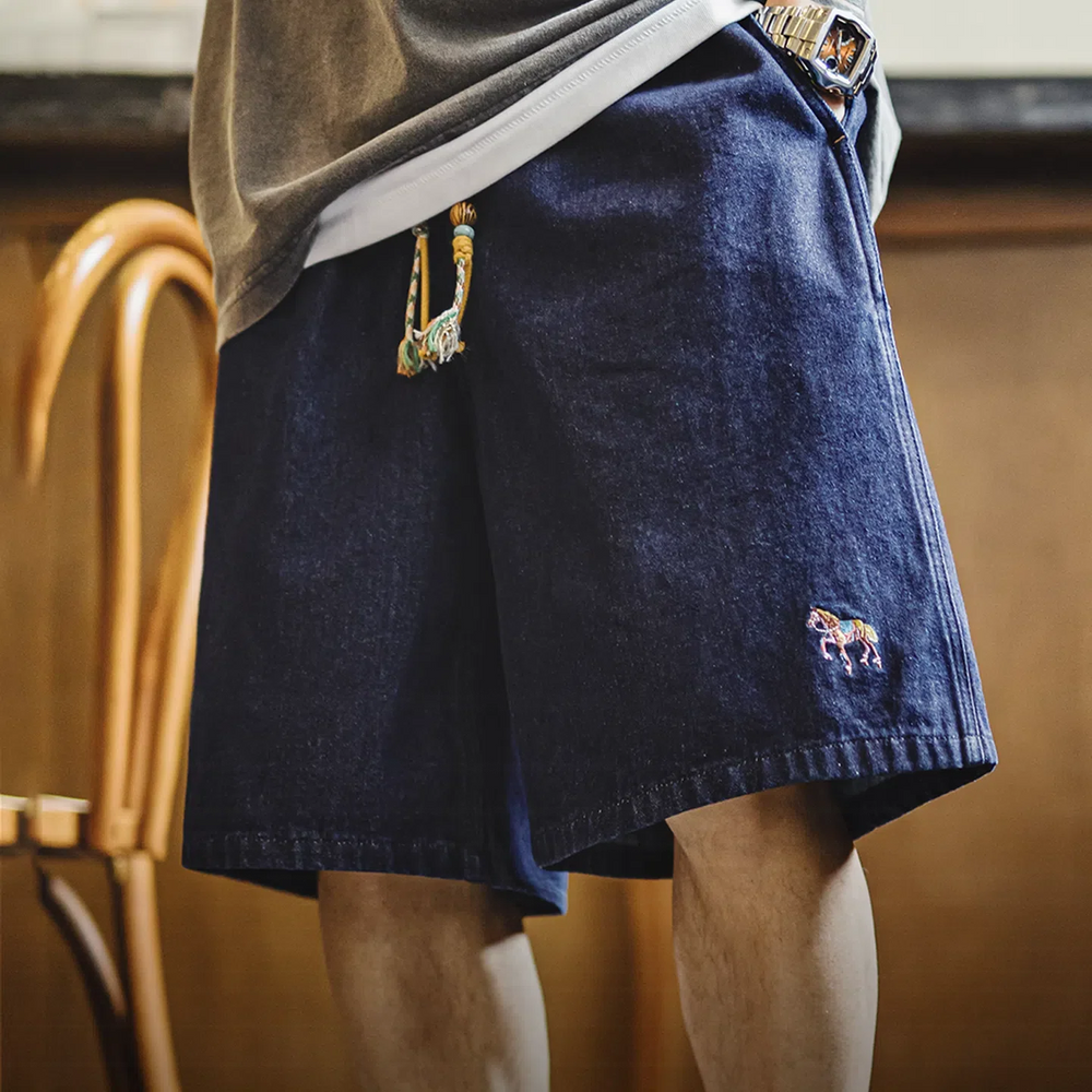 MADEN Washed Denim Embroidered Straight-Leg Shorts