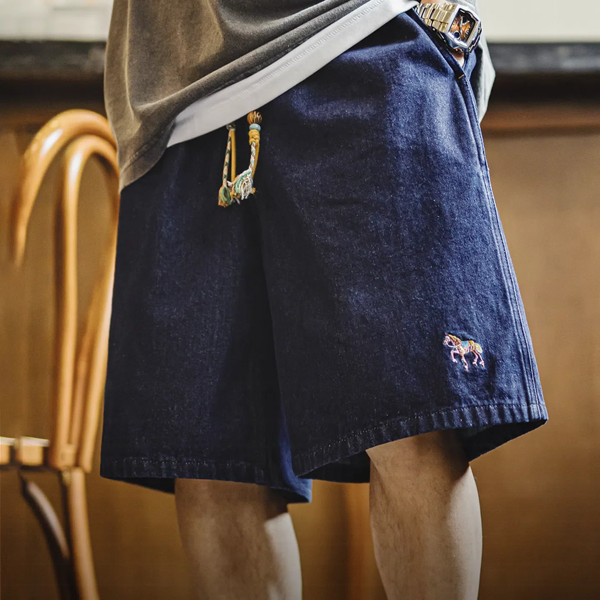 MADEN Washed Denim Embroidered Straight-Leg Shorts