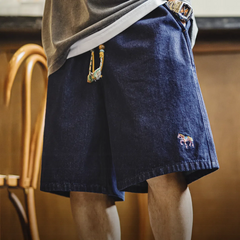 MADEN Washed Denim Embroidered Straight-Leg Shorts