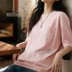 MADEN Women's Pink Pocket Embroidery Tee