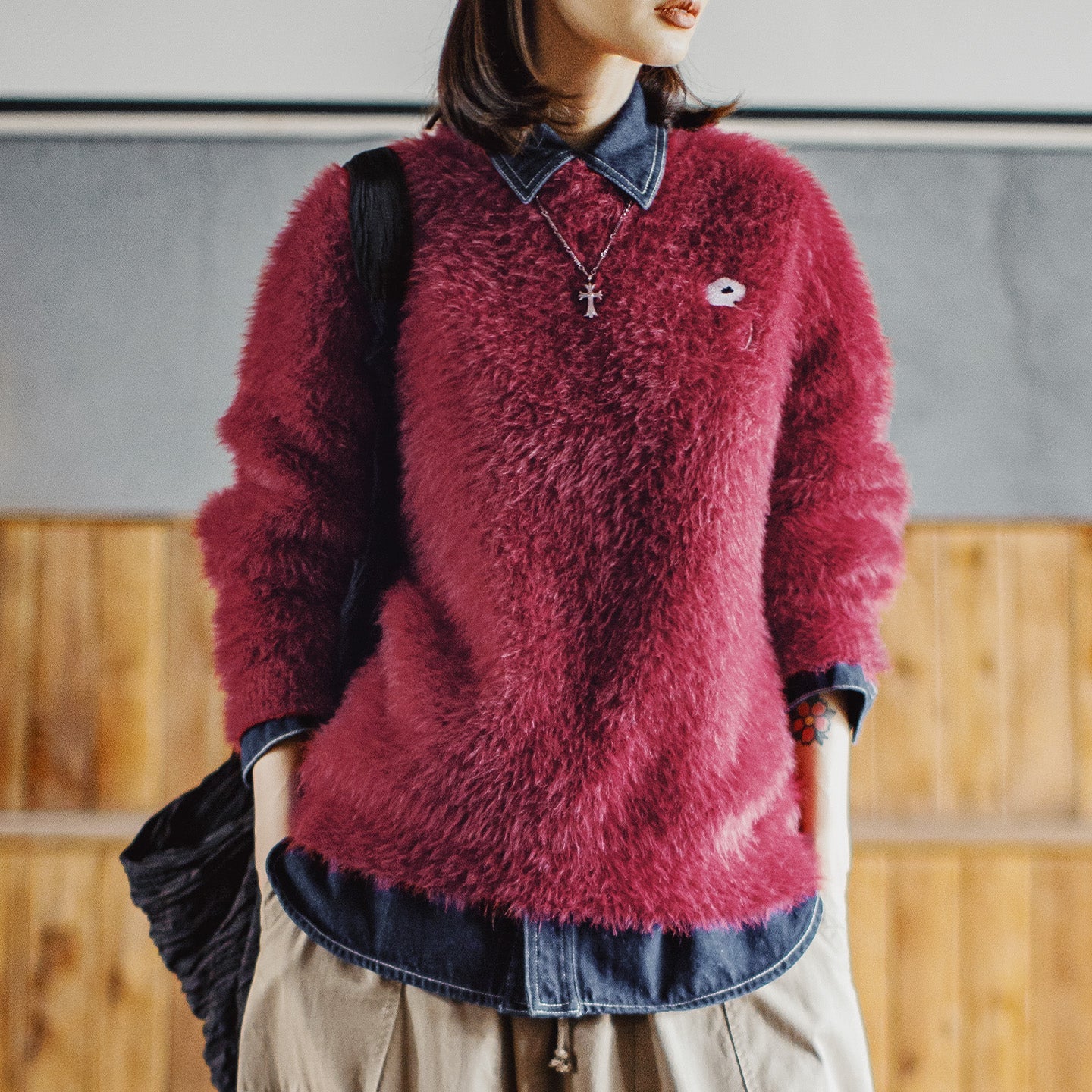 MADEN Chunky Cable-Knit Fuzzy Pullover Sweater