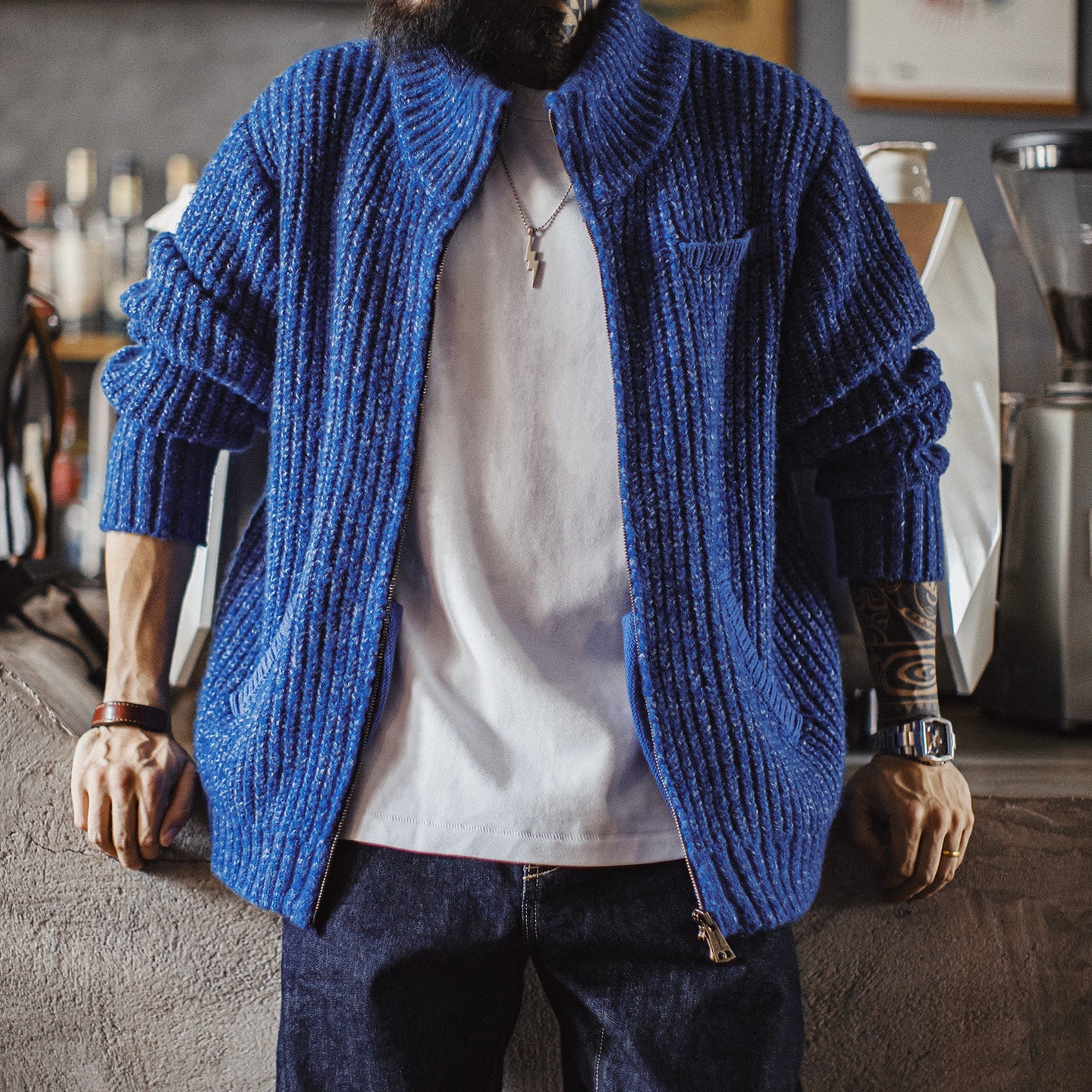 MADEN Blue Stand Collar Cardigan Sweater