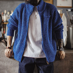 MADEN Blue Stand Collar Cardigan Sweater