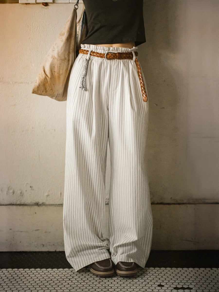 MADEN Women's Linen-Feel Striped Wide-Leg Pants