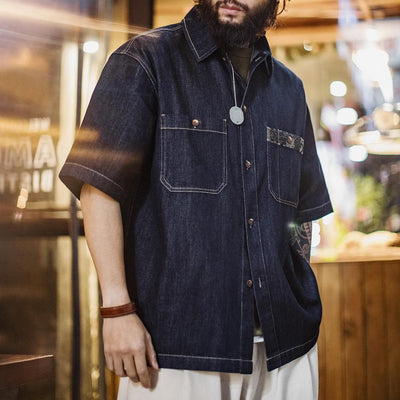 Camisa de manga corta de mezclilla Boro retro MADEN para hombre, teñida índigo, con solapa, abotonada simple, sobrecamisa casual para conjuntos urbanos