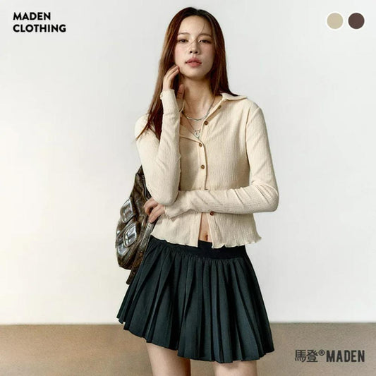 MADEN Damen geripptes Slim-Fit Langarmshirt