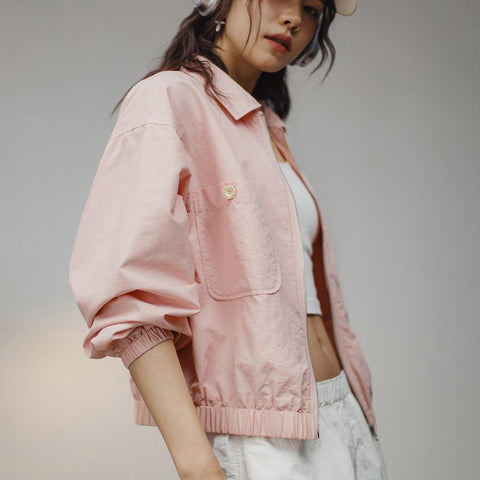 Maden Damen-Baseballkragenjacke – Lässiger rosa Mantel 