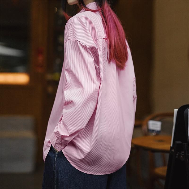 MADEN Light Spring Pink and White Striped Shirt Lazy Holiday Style Jacket Slightly Elastic Hollow Oversize Top Spring Women