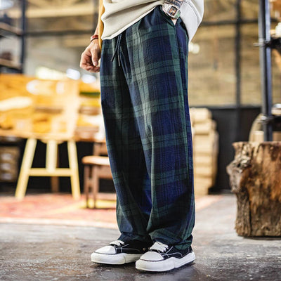 MADEN Retro Scottish Plaid Seersucker Pants Textured Loose-Fit Checkered Trousers for Summer & Fall Daily Casual Street Style