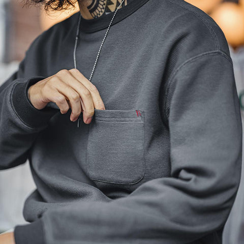 남성용 캐주얼 와플 니트 스웨트셔츠 루즈핏 포켓 티 편안한 핏 긴 소매 풀오버 미국식 캐주얼 스타일