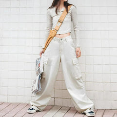 Maden Women's Wide-leg Cargo Pants - Retro Loose Style