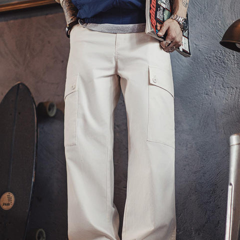 MADEN Men's White Cargo Pants Loose-Fit Straight-Leg Trousers Utility Big Pockets Design Cotton Fabric Versatile Outdoor Commutes
