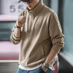 MADEN Herren Halb-Reißverschluss Stehkragen schwerer Fleece Pullover