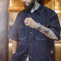 MADEN Boro Jeans-Overshirt mit Indigo-Revers