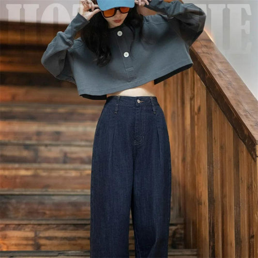 MADEN Vintage Gewaschene Denim High-Waist Weite Jeans